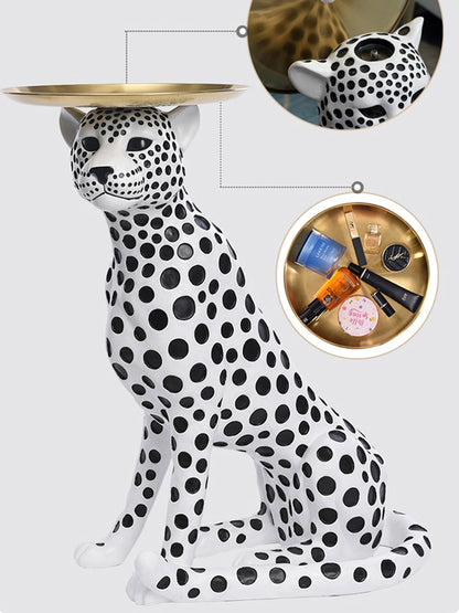 Lionel White Cheetah Statue Accent Table with 10" Removable Tray | Dusk & Bloom