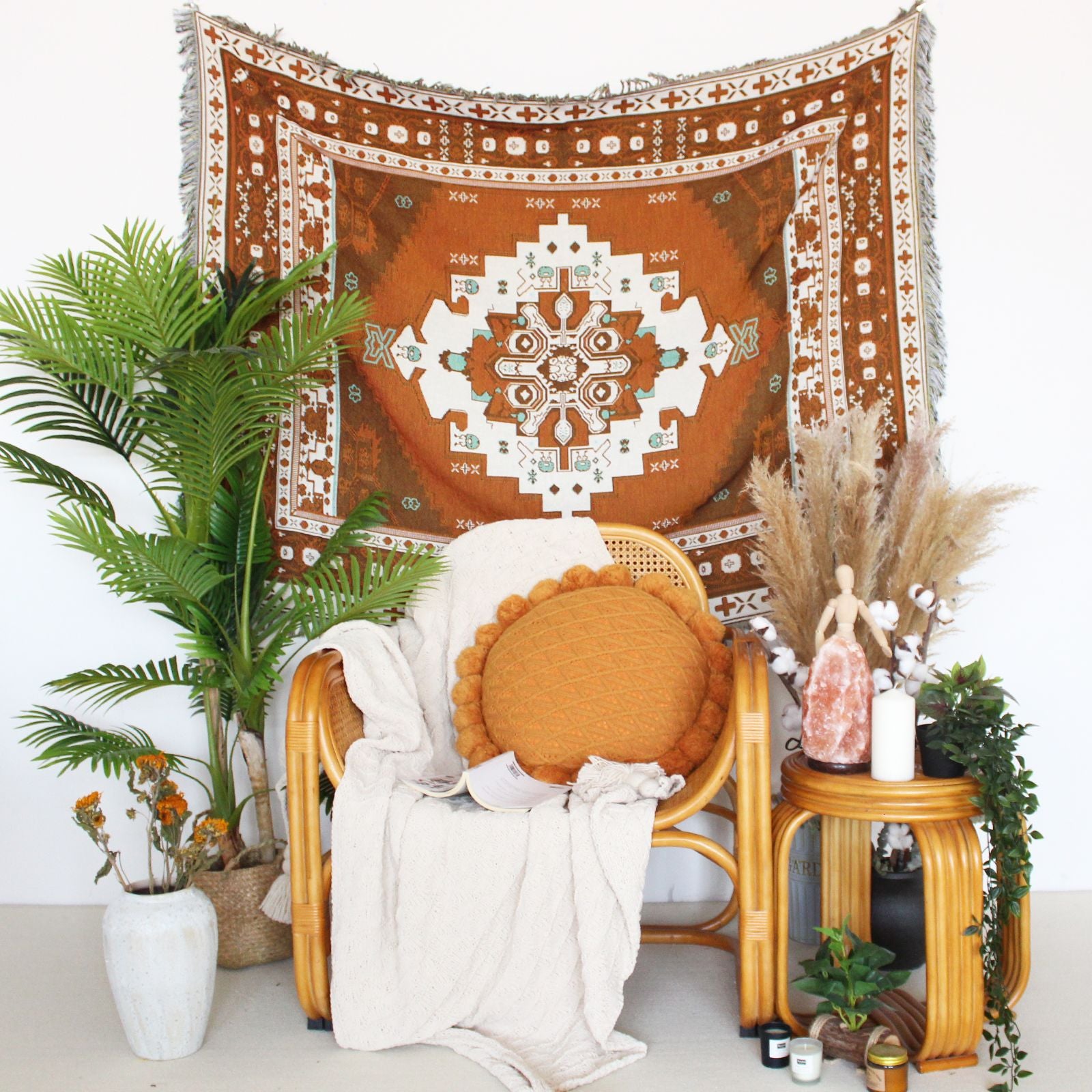 Maya Brown Tribal Boho Throw Blanket / Wall Tapestry with Fringe | Dusk & Bloom