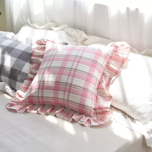 Sarah Pink Plaid Ruffle Pillow Cover | Dusk & Bloom