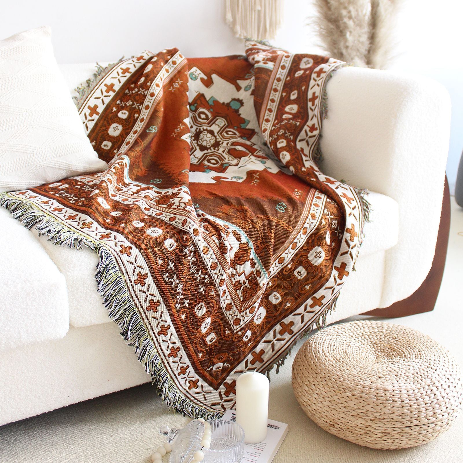 Maya Brown Tribal Boho Throw Blanket / Wall Tapestry with Fringe | Dusk & Bloom