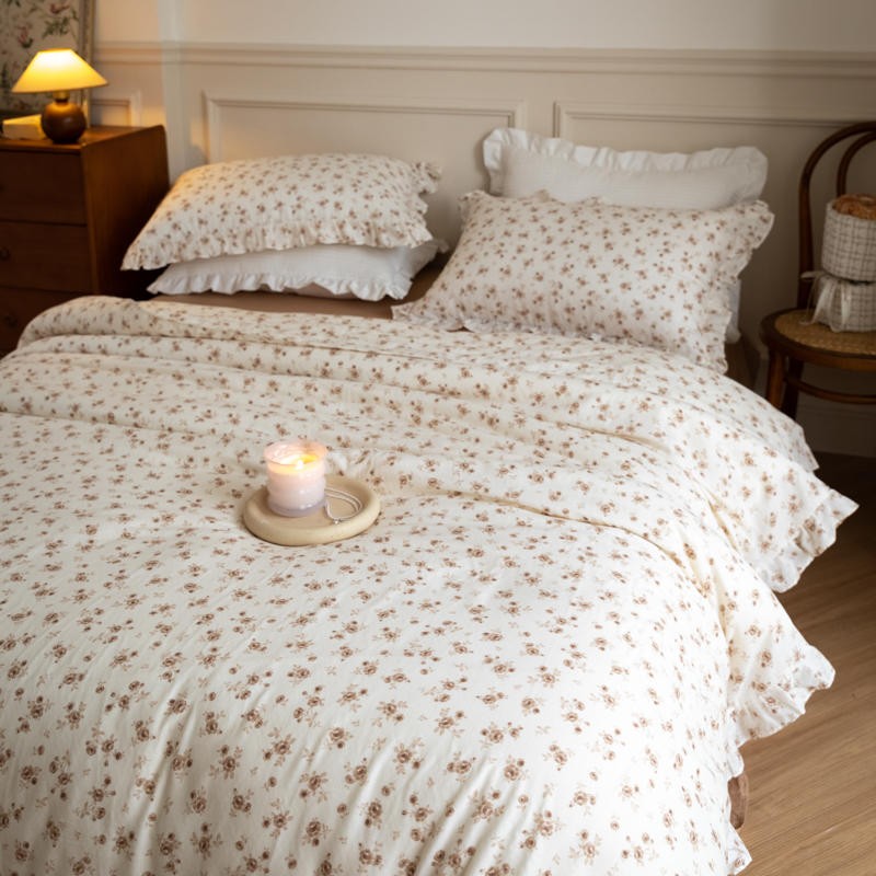 Emma White & Brown Cotton Ditsy Floral Cottagecore Duvet Cover Set with Ruffles and Brown Sheet