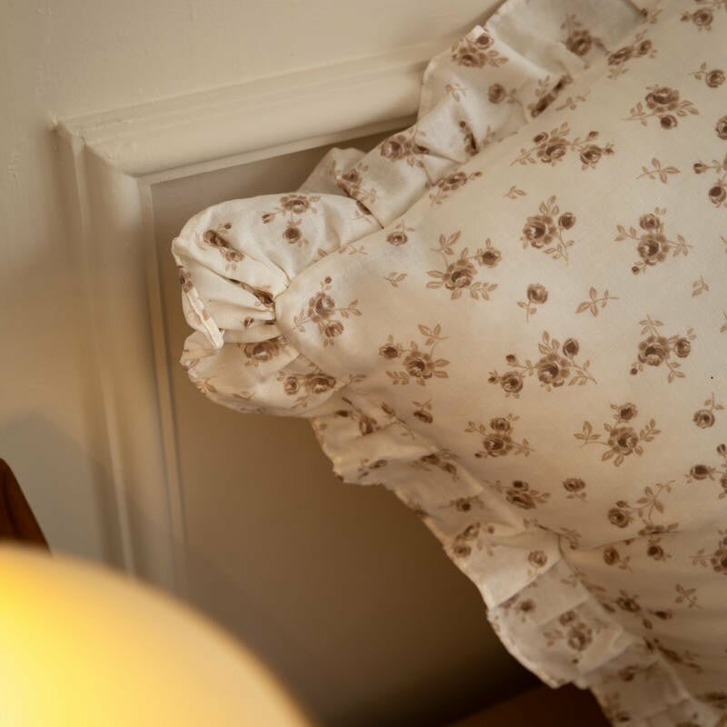 Emma White & Brown Cotton Ditsy Floral Duvet Cover Set with Ruffles | Dusk & Bloom