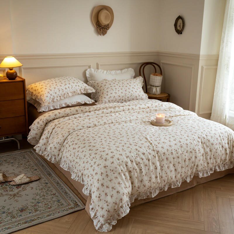 Emma White & Brown Cotton Ditsy Floral Duvet Cover Set with Ruffles | Dusk & Bloom