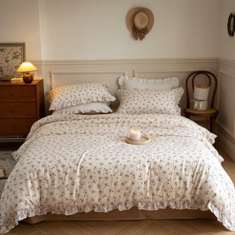 Emma White & Brown Cotton Ditsy Floral Duvet Cover Set with Ruffles | Dusk & Bloom