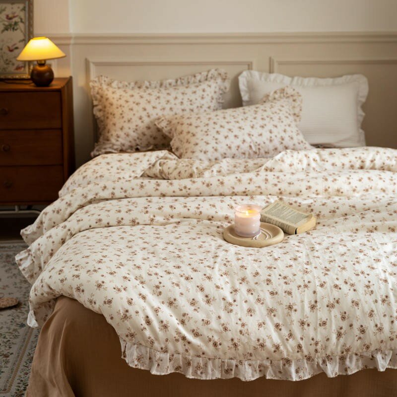 Emma White & Brown Cotton Ditsy Floral Duvet Cover Set with Ruffles | Dusk & Bloom