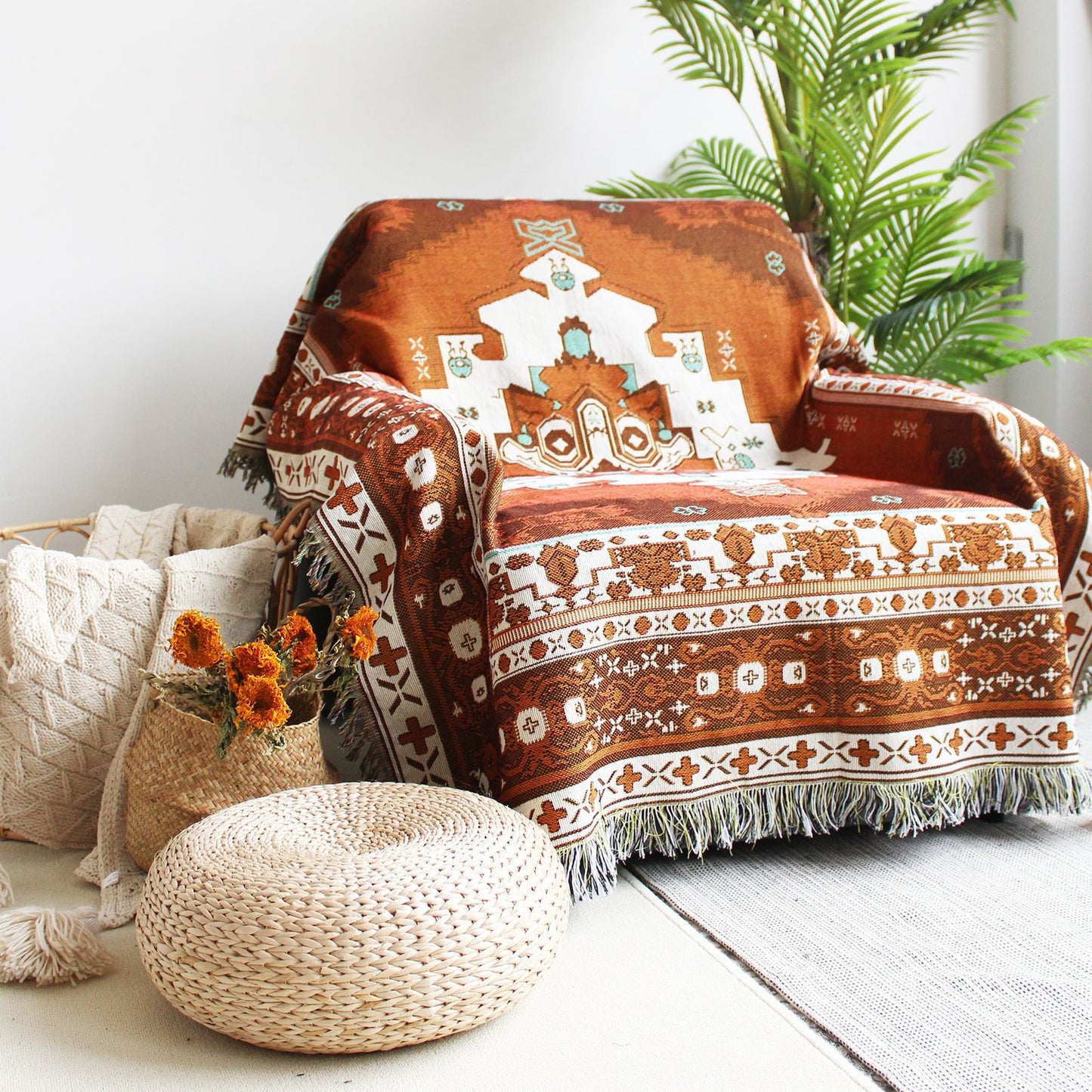 Maya Brown Tribal Boho Throw Blanket / Wall Tapestry with Fringe | Dusk & Bloom