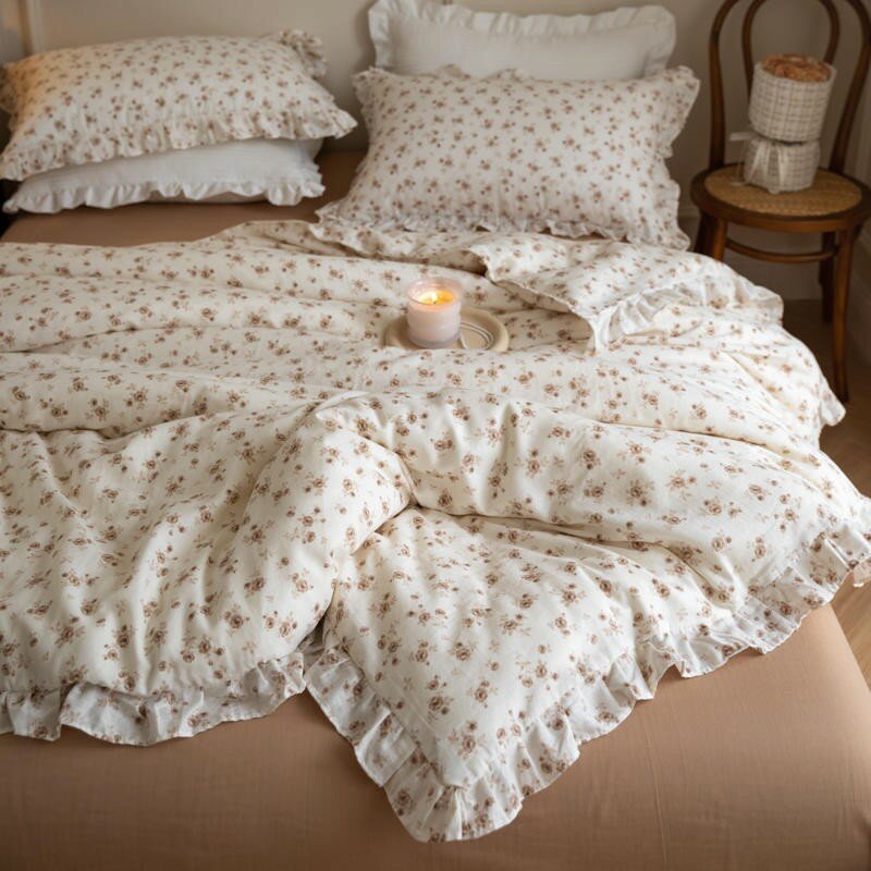 Emma White & Brown Cotton Ditsy Floral Duvet Cover Set with Ruffles | Dusk & Bloom