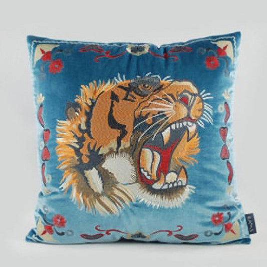 Taisha Embroidered Tiger Blue Velvet 20" Pillow Cover | Dusk & Bloom