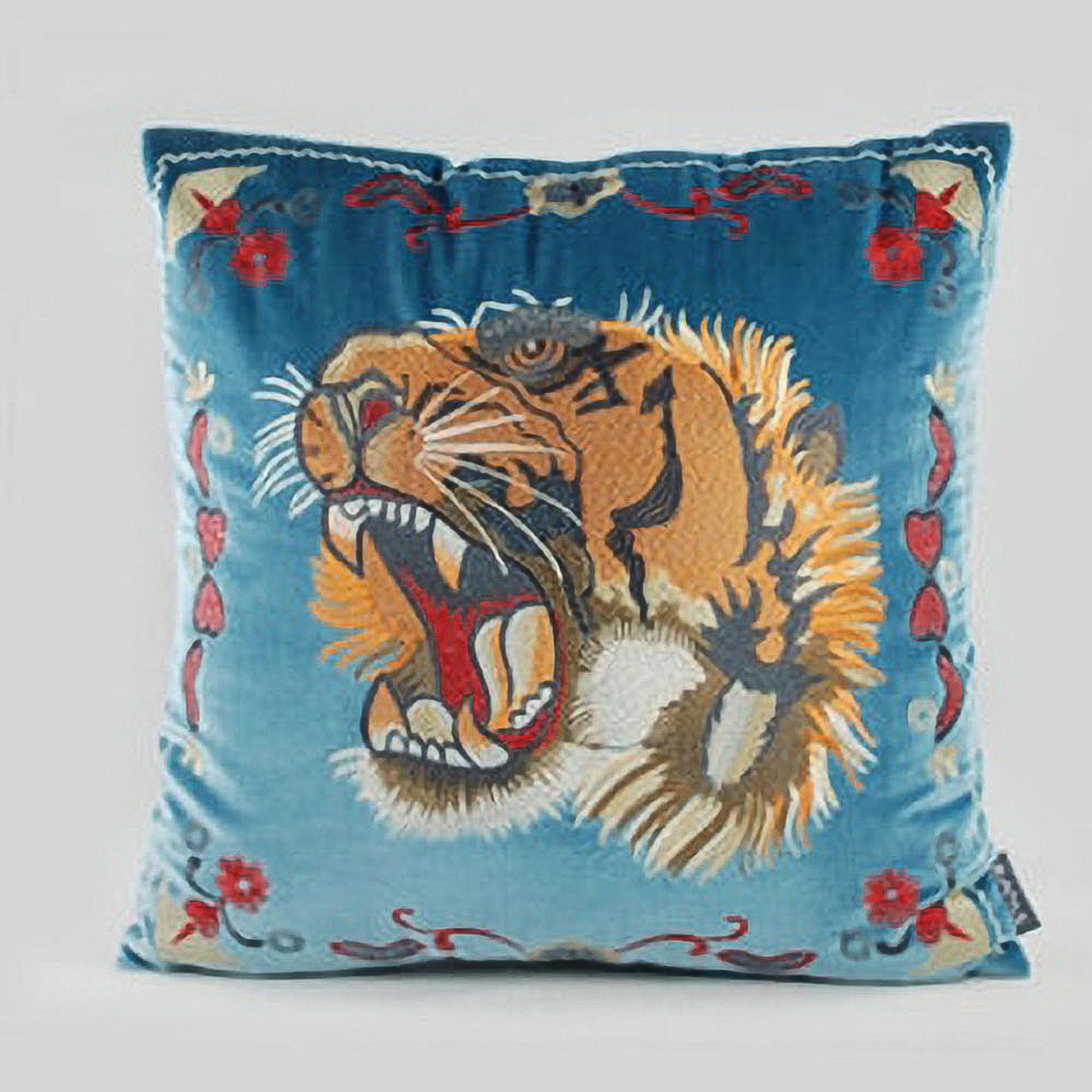 Taisha Embroidered Tiger Blue Velvet 20" Pillow Cover | Dusk & Bloom