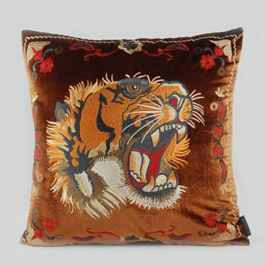 Taisha Embroidered Tiger Brown Velvet 20" Pillow Cover | Dusk & Bloom