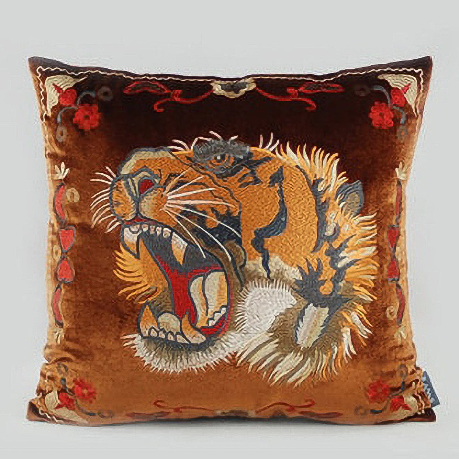 Taisha Embroidered Tiger Brown Velvet 20" Pillow Cover | Dusk & Bloom