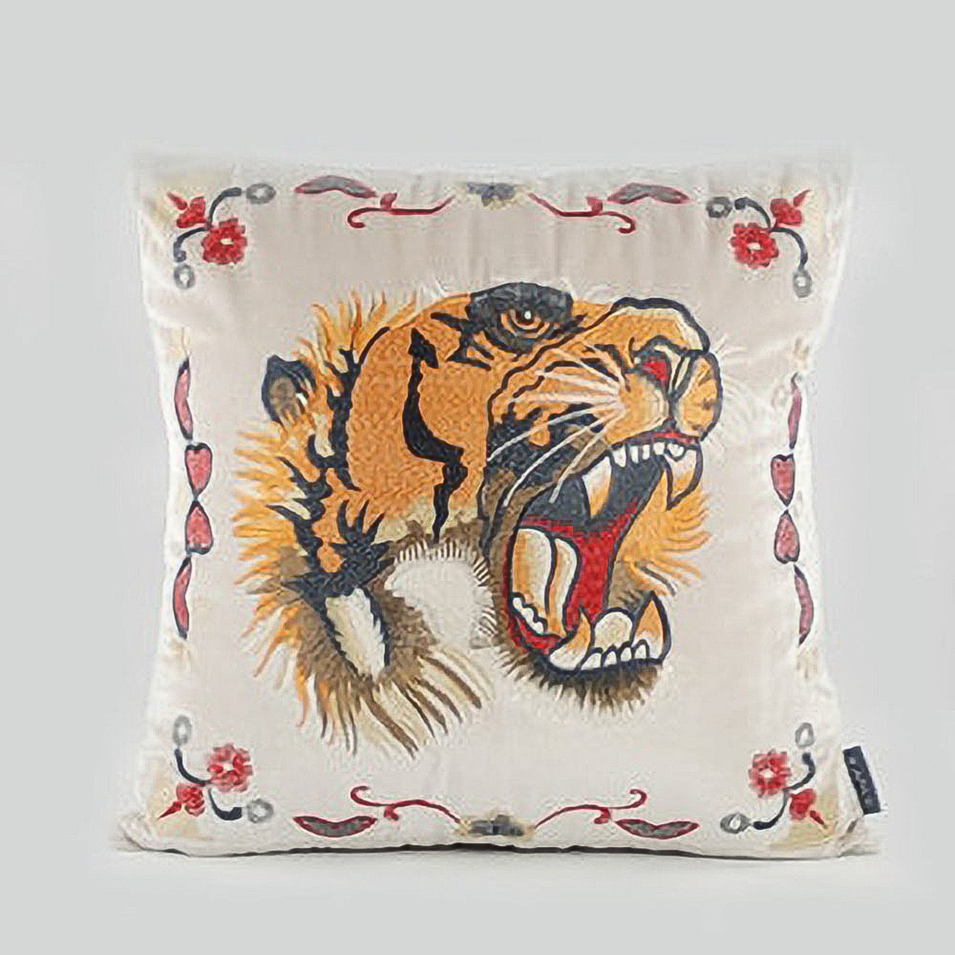 Taisha Embroidered Tiger Off-White Velvet 20" Pillow Cover | Dusk & Bloom