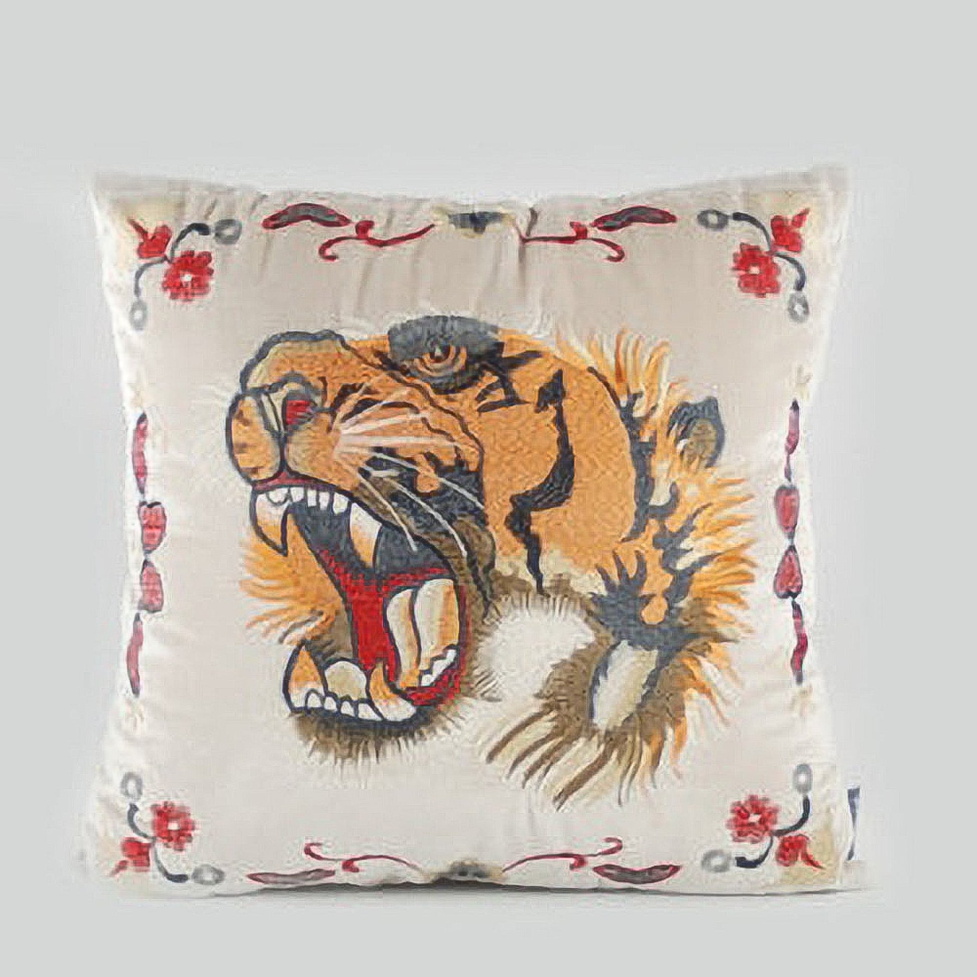 Taisha Embroidered Tiger Off-White Velvet 20" Pillow Cover | Dusk & Bloom