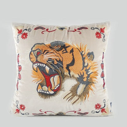 Taisha Embroidered Tiger Off-White Velvet 20" Pillow Cover | Dusk & Bloom