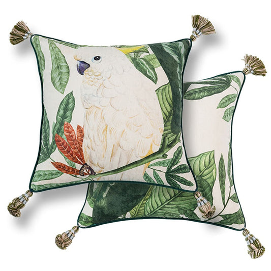 Tuki Tropical Bird Botanical 18" Pillow Cover with Green Piping and Tassels | Dusk & Bloom