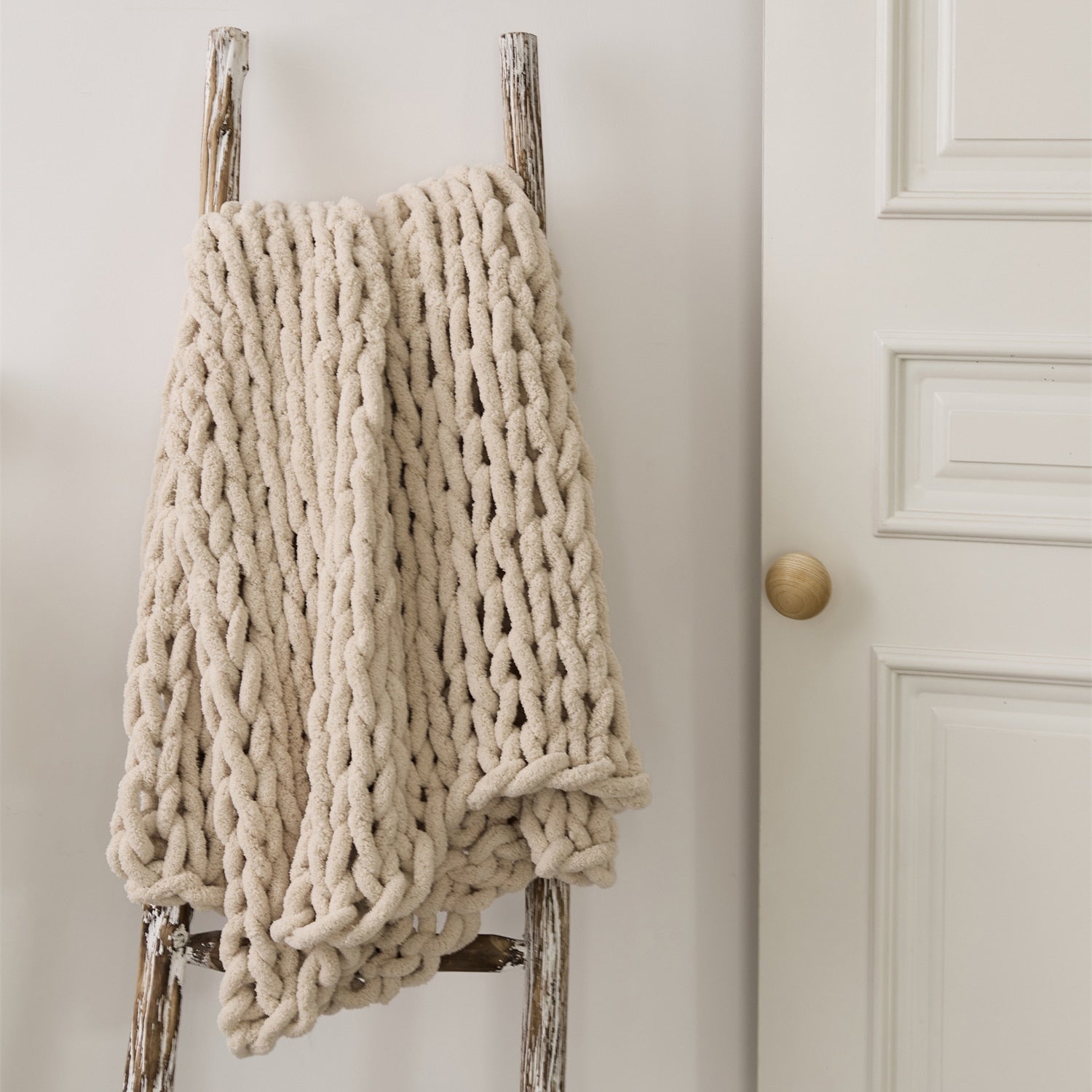 Serenity Beige Chenille Chunky Knit Throw Blanket (51" x 63") | Dusk & Bloom