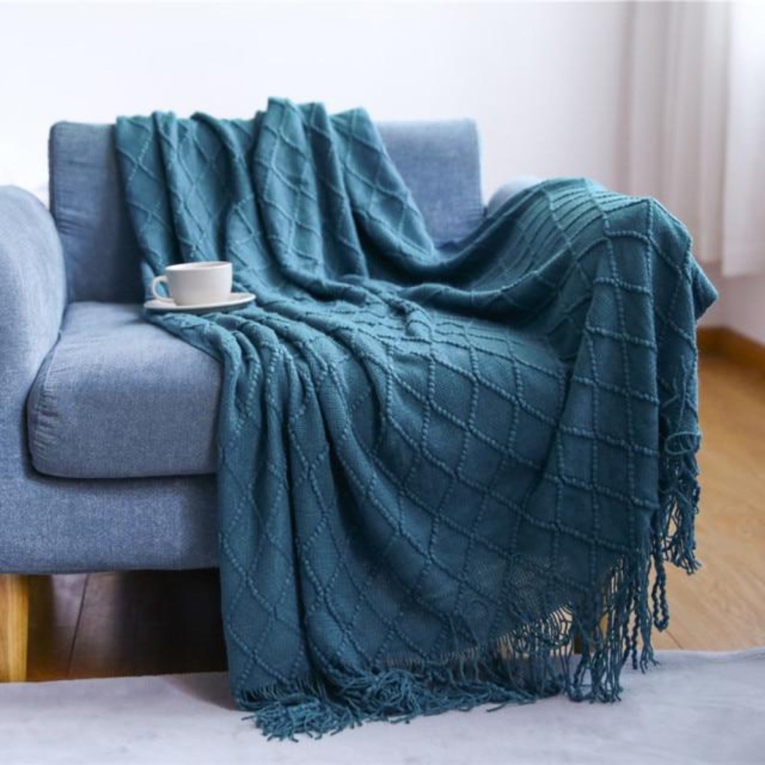 Emery Blue Extra Long Diamond Fringe Throw Blanket | Dusk & Bloom