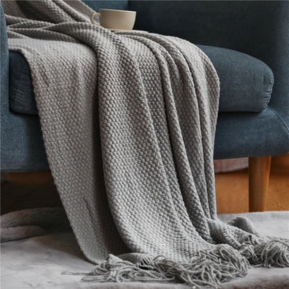 Valerie Light Gray Extra Long Waffle Knit Fringe Throw Blanket | Dusk & Bloom