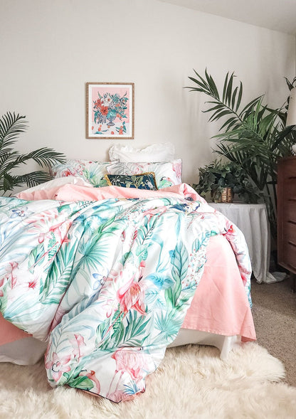 Summer Pink Tropical Flamingo 4 Piece Duvet Cover Set with Sheets | Dusk & Bloom